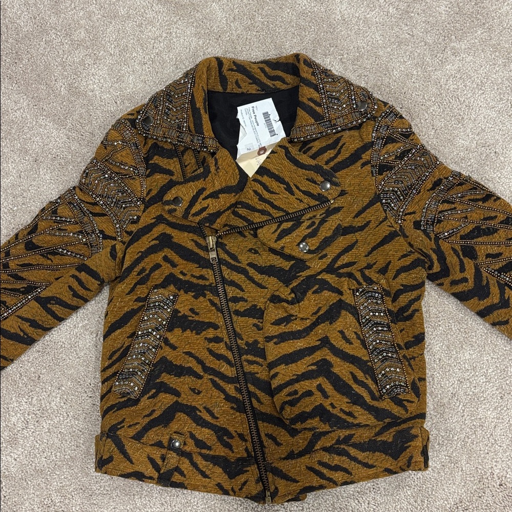 Vintage Free People New Romantics cats meow embellished Moto Jacket sample Small